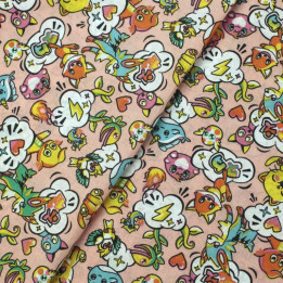 Tissu en coton rose clair à motifs animaux et manga - Idéal pour créations ludiques et originales