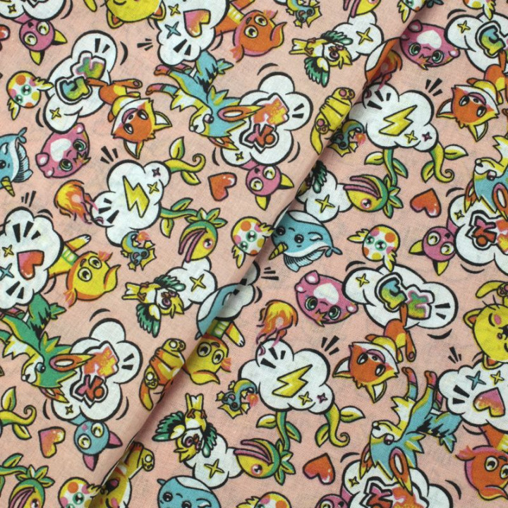 Tissu en coton rose clair à motifs animaux et manga - Idéal pour créations ludiques et originales