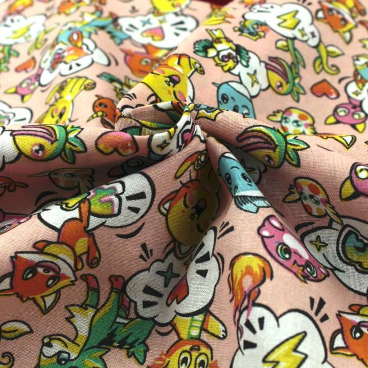 Tissu en coton rose clair à motifs animaux et manga - Idéal pour créations ludiques et originales