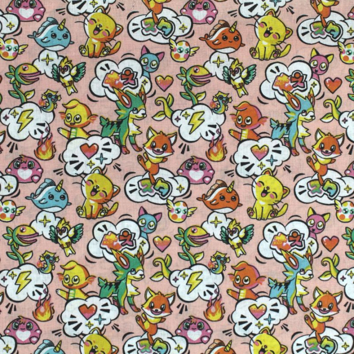 Tissu en coton rose clair à motifs animaux et manga - Idéal pour créations ludiques et originales