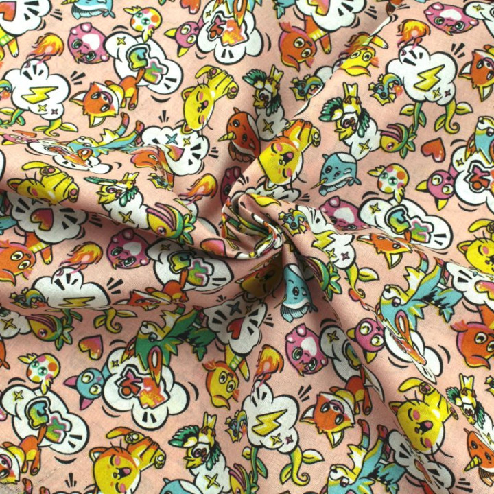Tissu en coton rose clair à motifs animaux et manga - Idéal pour créations ludiques et originales