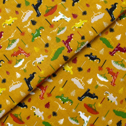 Tissu en coton orange à motifs dinosaures multicolores - Idéal pour créations ludiques et colorées