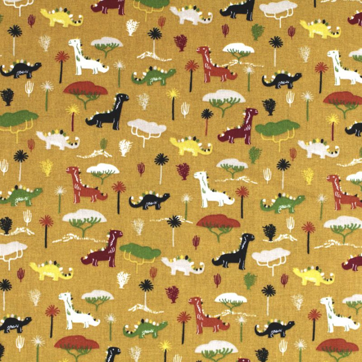 Tissu en coton orange à motifs dinosaures multicolores - Idéal pour créations ludiques et colorées