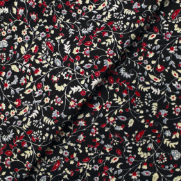 Tissu en coton noir à motifs fleuris rouges et blancs - Élégant et raffiné