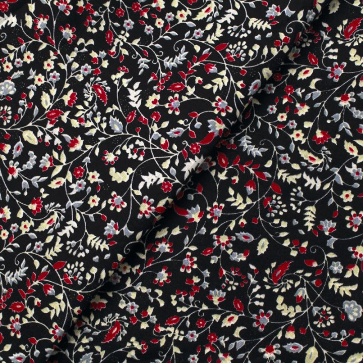 Tissu en coton noir à motifs fleuris rouges et blancs - Élégant et raffiné