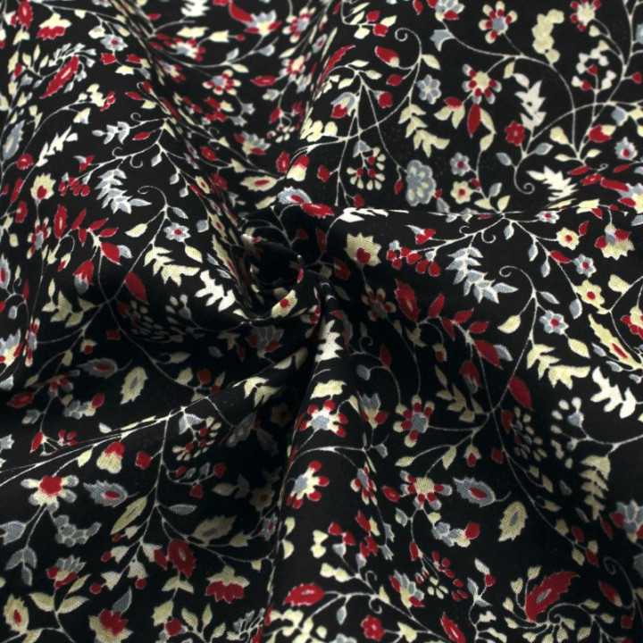 Tissu en coton noir à motifs fleuris rouges et blancs - Élégant et raffiné
