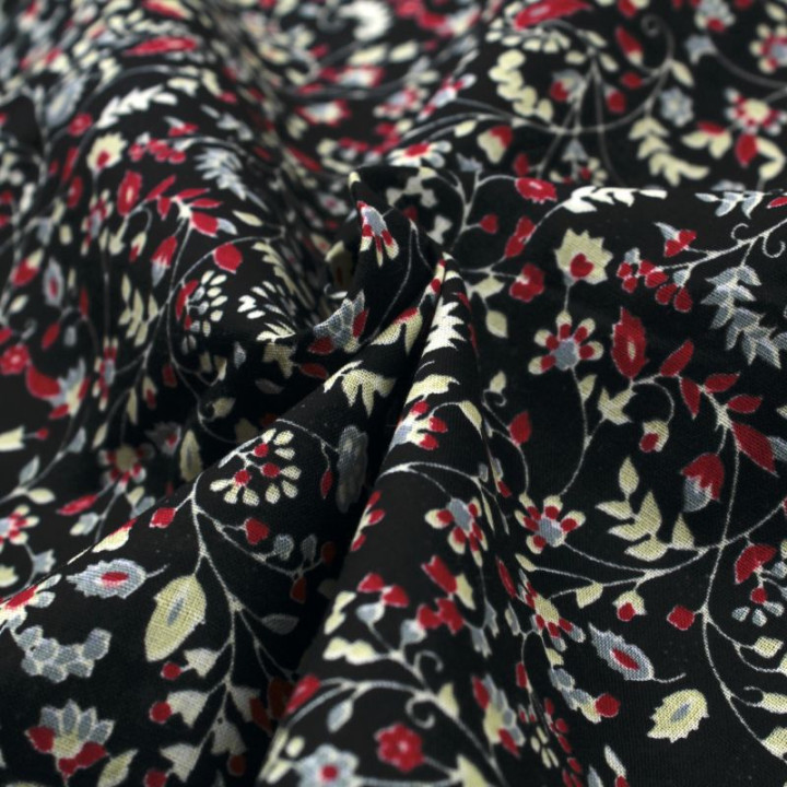 Tissu en coton noir à motifs fleuris rouges et blancs - Élégant et raffiné