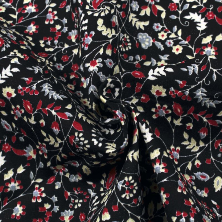 Tissu en coton noir à motifs fleuris rouges et blancs - Élégant et raffiné