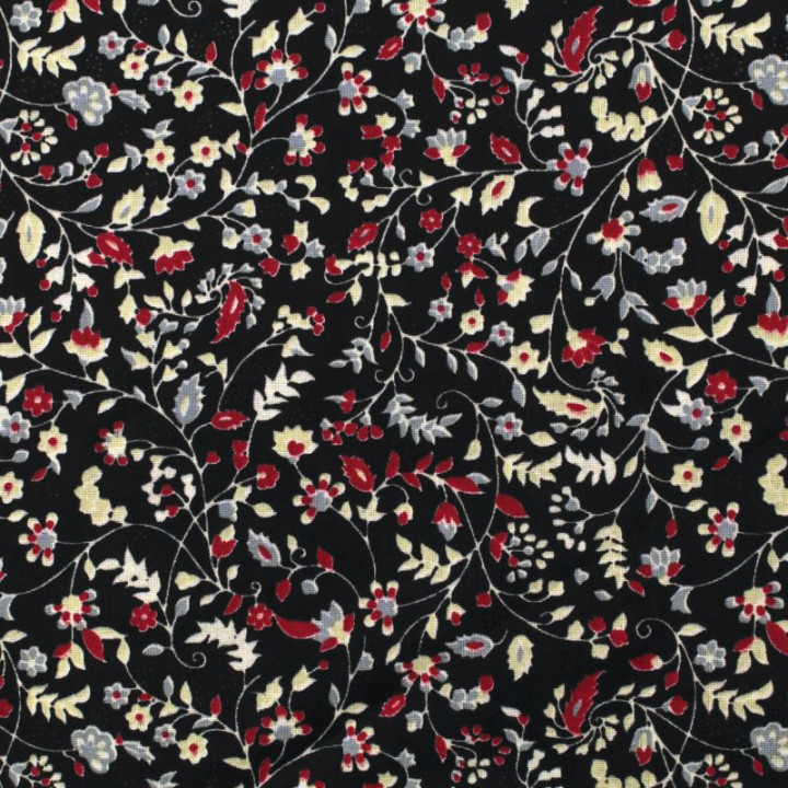 Tissu en coton noir à motifs fleuris rouges et blancs - Élégant et raffiné