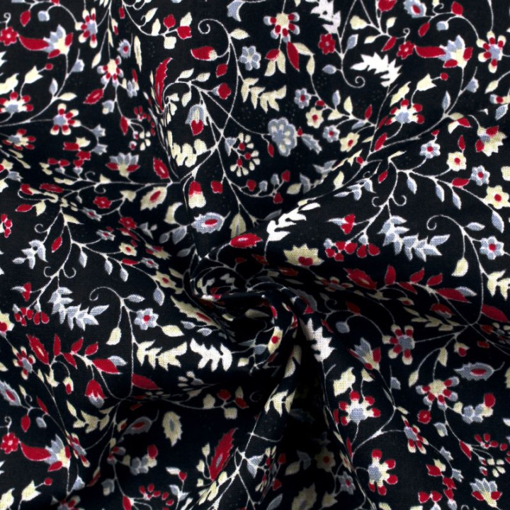 Tissu en coton noir à motifs fleuris rouges et blancs - Élégant et raffiné