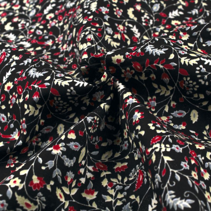 Tissu en coton noir à motifs fleuris rouges et blancs - Élégant et raffiné