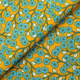 Tissu en Coton Jaune Moutarde à Motifs Floraux Bleus et Feuilles Blanches
