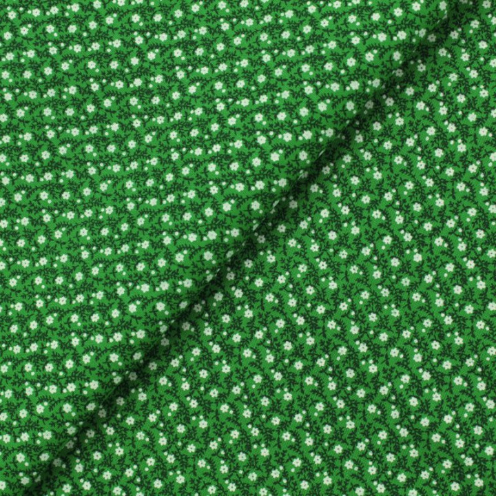 Tissu en Coton Vert Élégant avec Motifs Floraux Blancs - Idéal pour Couture et Décoration