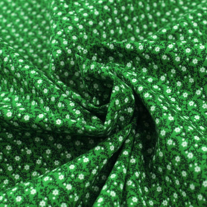 Tissu en Coton Vert Élégant avec Motifs Floraux Blancs - Idéal pour Couture et Décoration