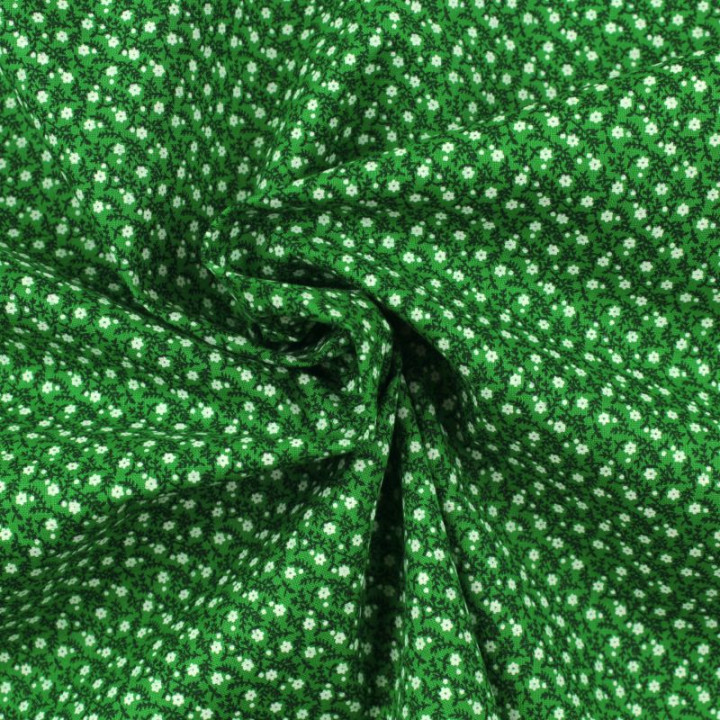 Tissu en Coton Vert Élégant avec Motifs Floraux Blancs - Idéal pour Couture et Décoration