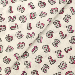 Tissu en Coton Beige Clair avec Motifs Chiffres Roses et Fuchsia - Parfait pour Couture Créative