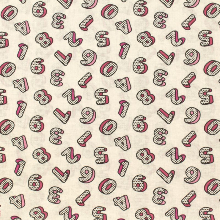 Tissu en Coton Beige Clair avec Motifs Chiffres Roses et Fuchsia - Parfait pour Couture Créative