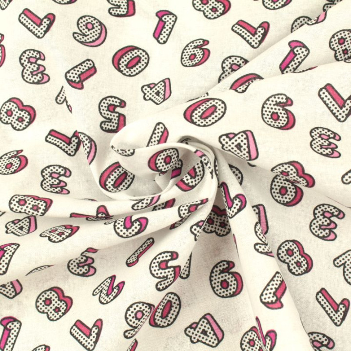 Tissu en Coton Beige Clair avec Motifs Chiffres Roses et Fuchsia - Parfait pour Couture Créative
