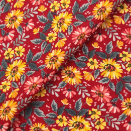 Tissu en Coton Bordeaux avec Motifs Floraux Roses et Jaunes - Élégance et Douceur