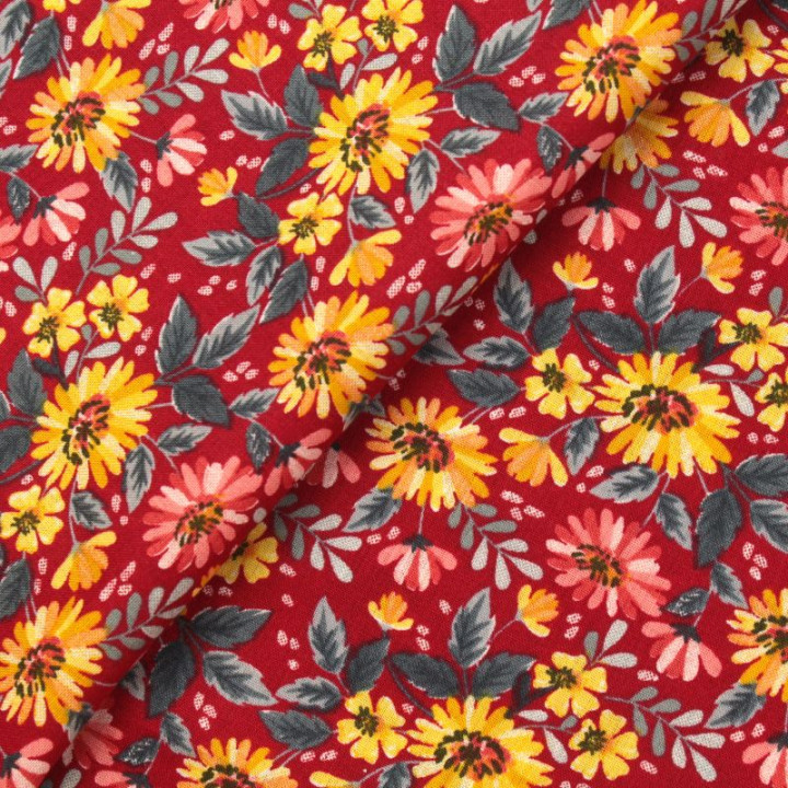 Tissu en Coton Bordeaux avec Motifs Floraux Roses et Jaunes - Élégance et Douceur