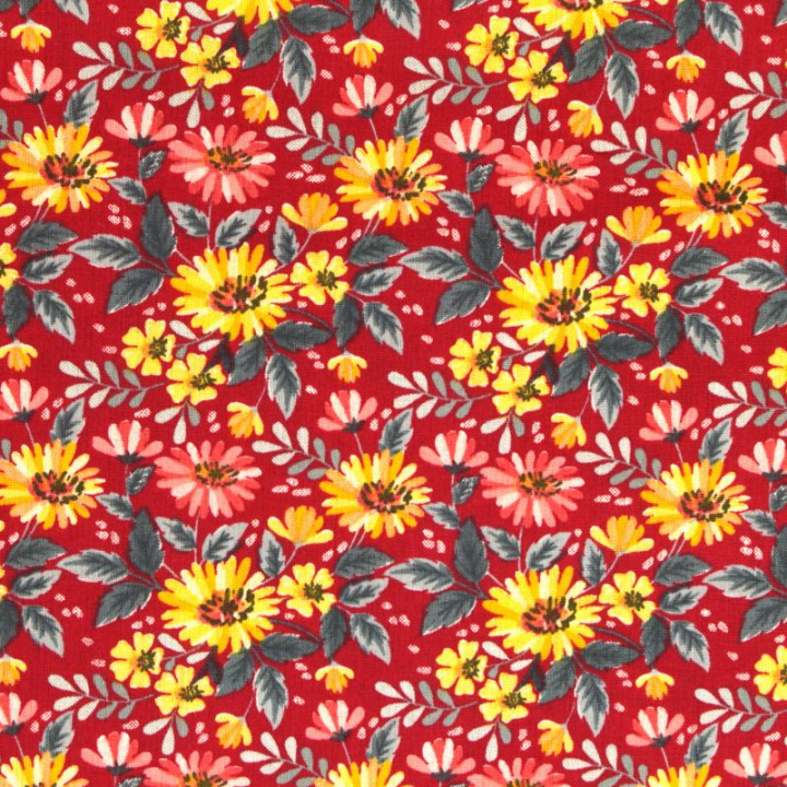 Tissu en Coton Bordeaux avec Motifs Floraux Roses et Jaunes - Élégance et Douceur