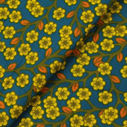 Tissu en Coton Bleu Nuit avec Motifs Floraux Jaunes et Oranges - Élégance et Vitalité