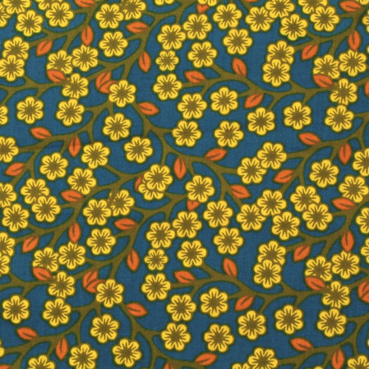 Tissu en Coton Bleu Nuit avec Motifs Floraux Jaunes et Oranges - Élégance et Vitalité