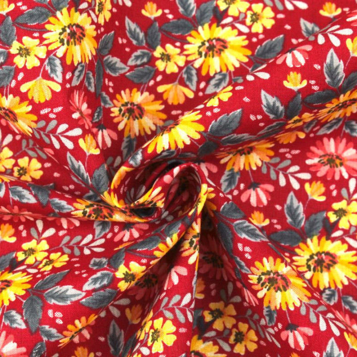 Tissu en Coton Bleu Nuit avec Motifs Floraux Jaunes et Oranges - Élégance et Vitalité