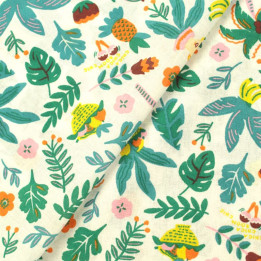 Tissu en Coton Blanc avec Motifs Floraux Verts et Oranges - Fraîcheur et Élégance