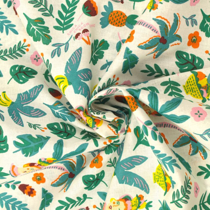 Tissu en Coton Blanc avec Motifs Floraux Verts et Oranges - Fraîcheur et Élégance