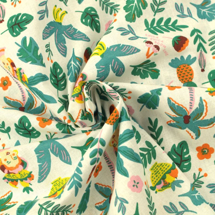 Tissu en Coton Blanc avec Motifs Floraux Verts et Oranges - Fraîcheur et Élégance