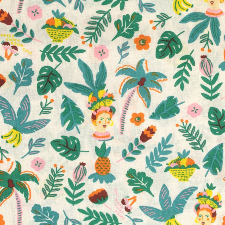 Tissu en Coton Blanc avec Motifs Floraux Verts et Oranges - Fraîcheur et Élégance
