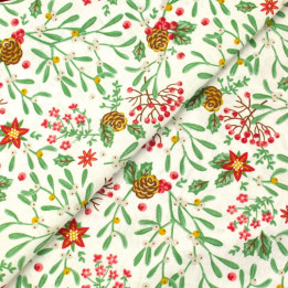 Tissu en coton blanc imprimé de décorations florales de Noël