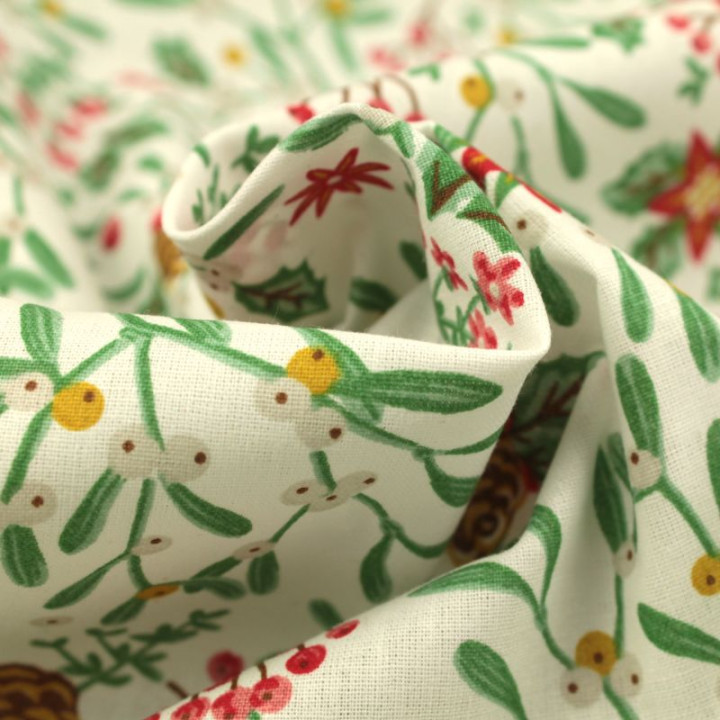 Tissu en coton blanc imprimé de décorations florales de Noël