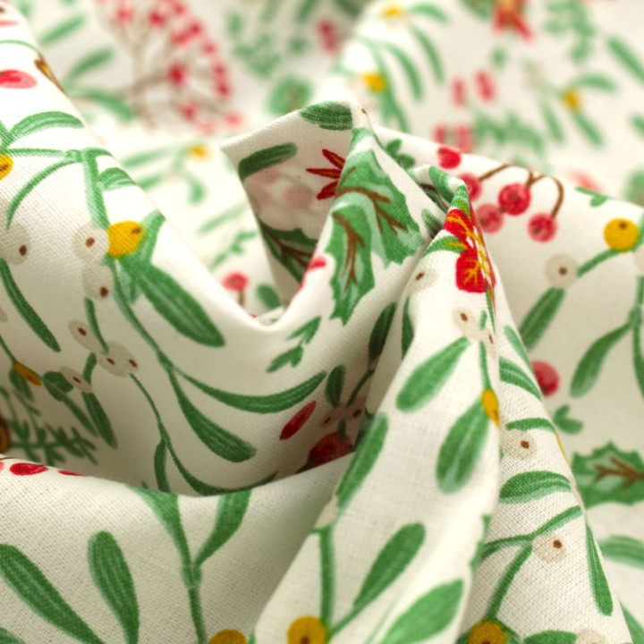 Tissu en coton blanc imprimé de décorations florales de Noël