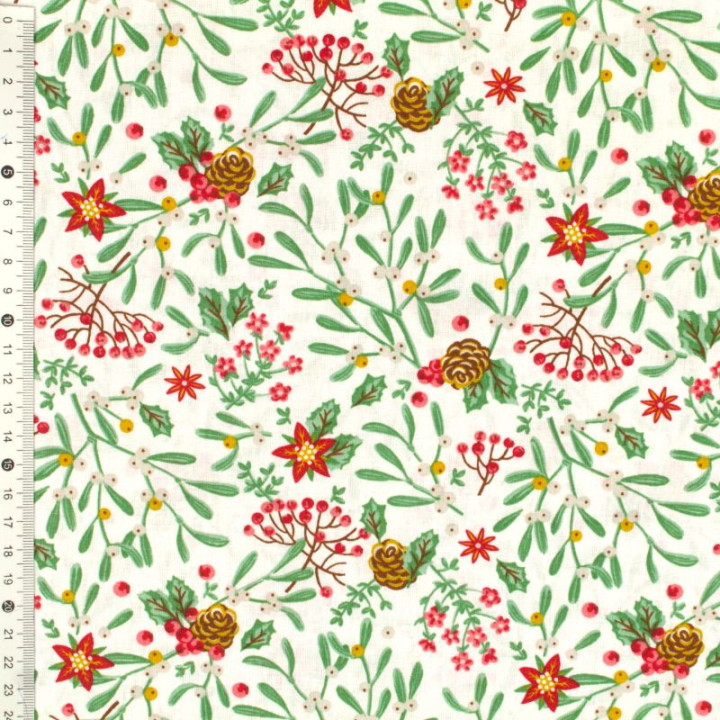 Tissu en coton blanc imprimé de décorations florales de Noël