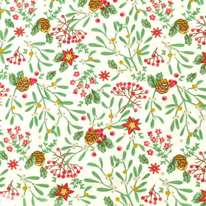 Tissu en coton blanc imprimé de décorations florales de Noël