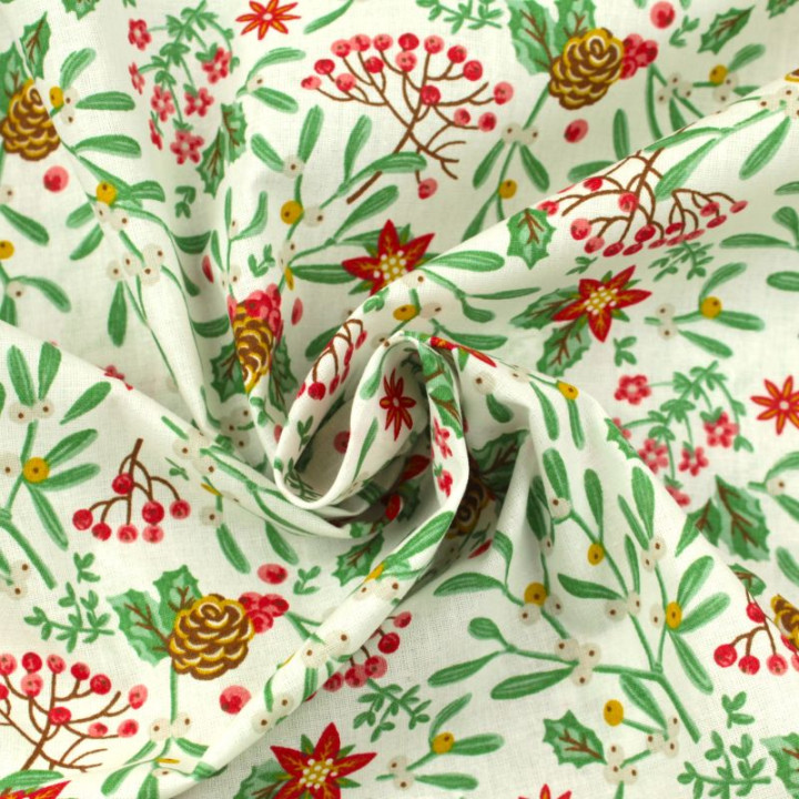 Tissu en coton blanc imprimé de décorations florales de Noël