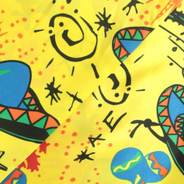 Tissu Polyester Jaune Imprimé Chapeau Mexicain, Accordéons et Guitare