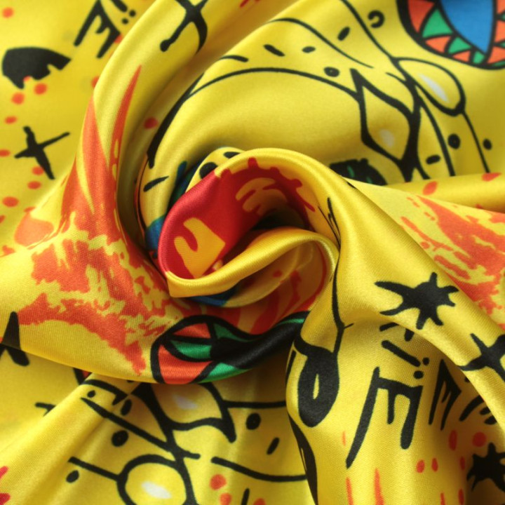 Tissu Polyester Jaune Imprimé Chapeau Mexicain, Accordéons et Guitare