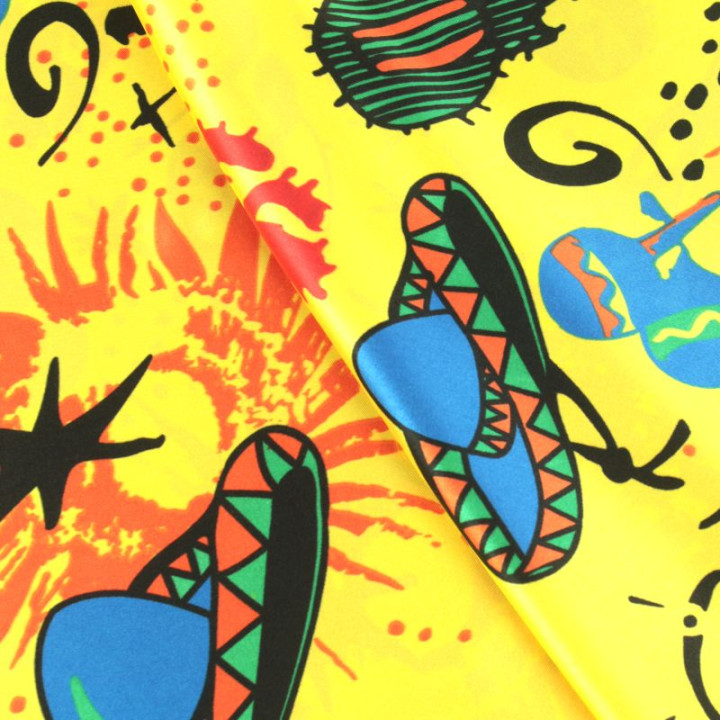 Tissu Polyester Jaune Imprimé Chapeau Mexicain, Accordéons et Guitare