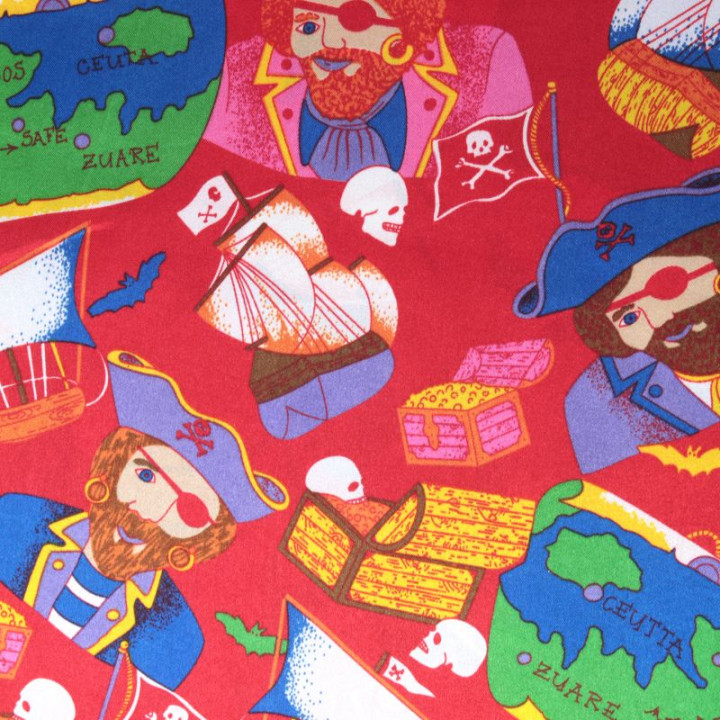 Tissu Satin Rouge avec Motifs de Pirates