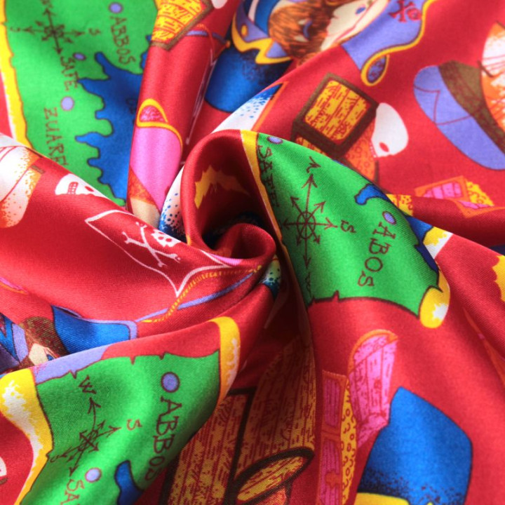 Tissu Satin Rouge avec Motifs de Pirates