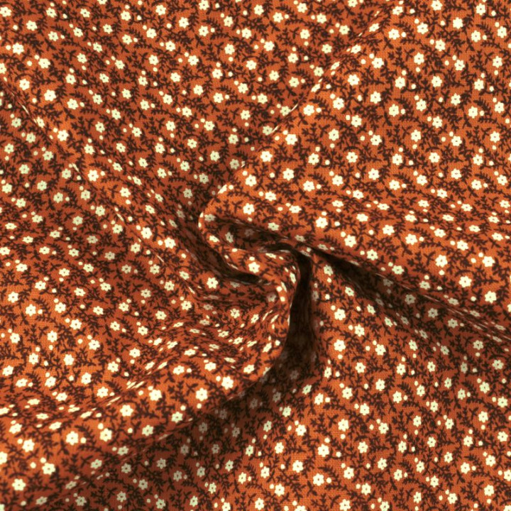 Tissu en coton orange à motifs petites fleurs blanches - Idéal pour créations estivales