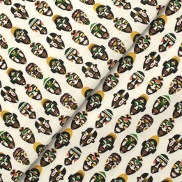 Tissu coton beige clair imprimé masques africains - Parfait pour habillement et couture au mètre