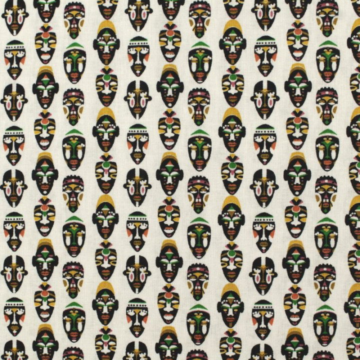 Tissu coton beige clair imprimé masques africains - Parfait pour habillement et couture au mètre