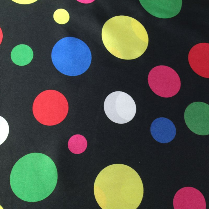Tissu Satin polyester gros pois multicolores sur fond noir