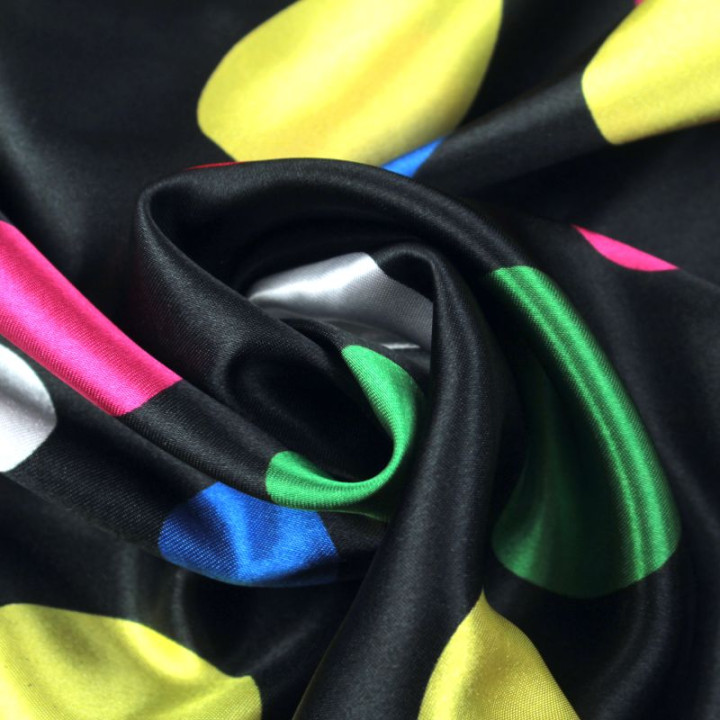 Tissu Satin polyester gros pois multicolores sur fond noir