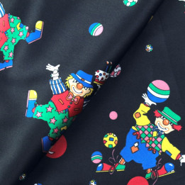 Tissu Satin polyester clowns sur fond noir