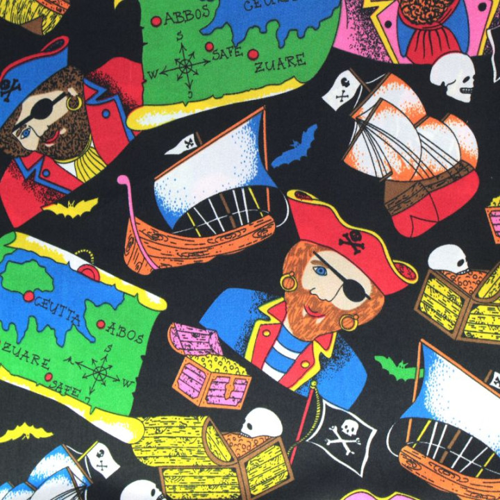 Tissu Satin polyester pirates sur fond noir